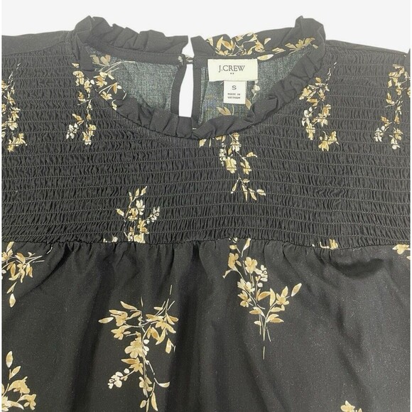 J Crew Smocked Ruffle Black Floral LS Flowy Top Career Cottage Peasant Hipster S - Picture 2 of 10